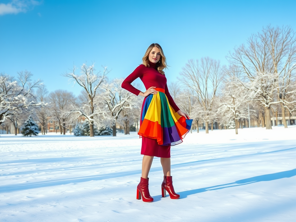 Een vrouw in een kleurrijke rok poseert in een sneeuwlandschap met bomen op de achtergrond.