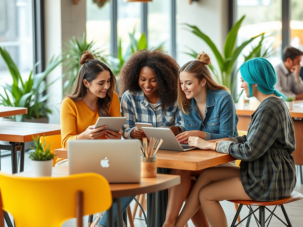 Vier vrouwen met verschillende kapsels en stijlen zitten aan een tafel in een cafe en kijken naar tablets.