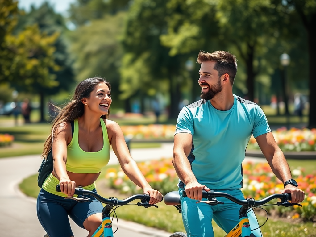 Twee blije fietsers lachen naar elkaar terwijl ze door een park rijden, omringd door bloemen en groen.