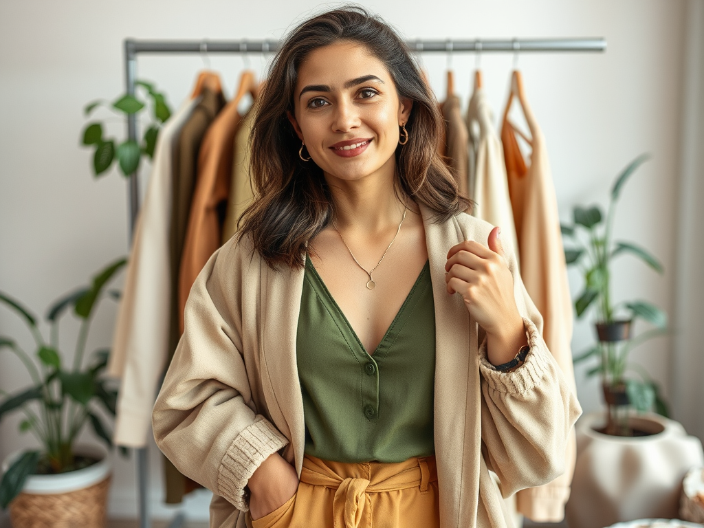 Een jonge vrouw glimlacht en toont een duim omhoog, gekleed in een groene top en een beige vest, met kleding op de achtergrond.