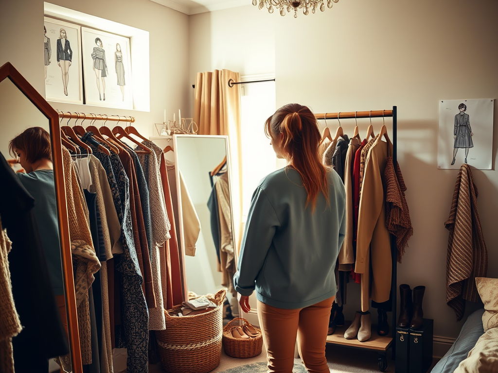 Een vrouw staat voor een spiegel in een kamer vol kleding en mode-illustraties aan de muur.