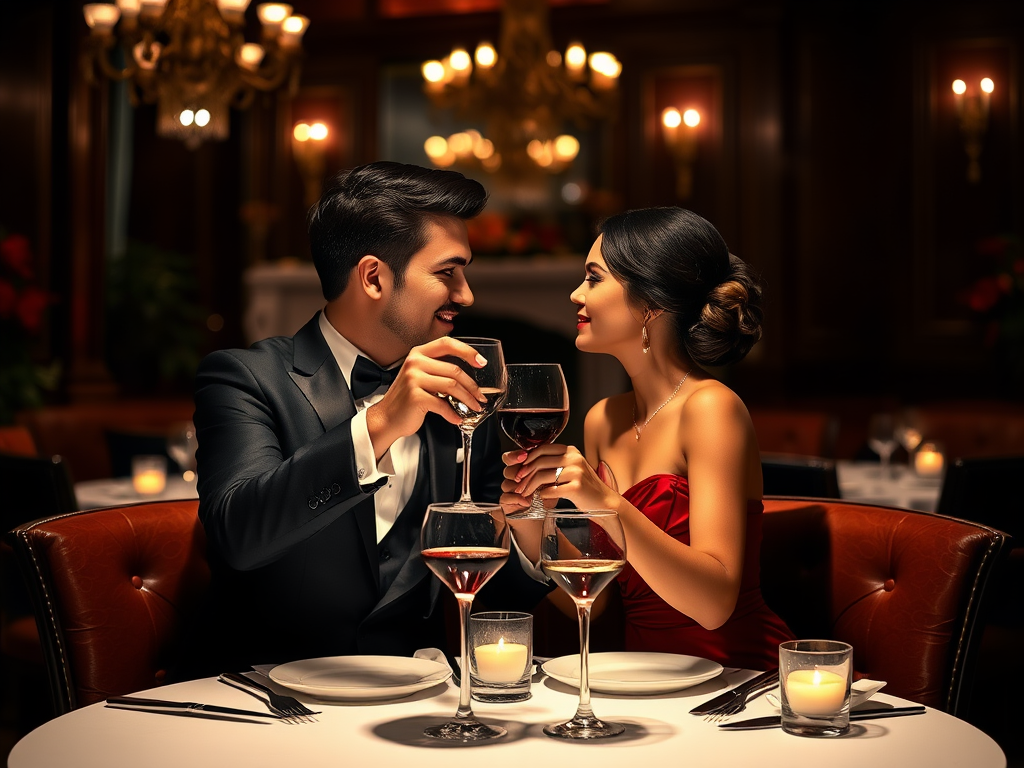 Een romantisch diner in een luxe restaurant, waar een stel proost met glazen wijn. Zachtere verlichting en elegante sfeer.