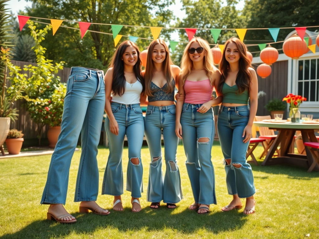 Vier vrouwen poseren in een tuin, met kleurrijke slingers en een tafel op de achtergrond, terwijl ze spijkerbroeken dragen.