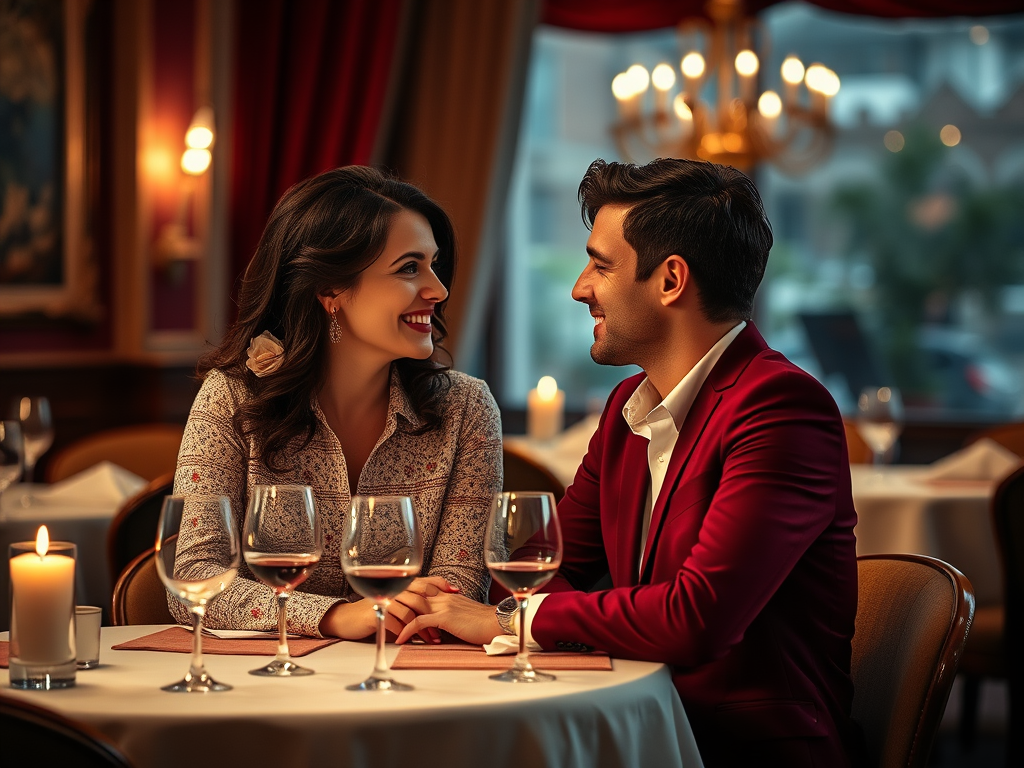 Een romantisch diner bij kaarslicht met een man en vrouw, beiden glimlachend en genietend van elkaars gezelschap.