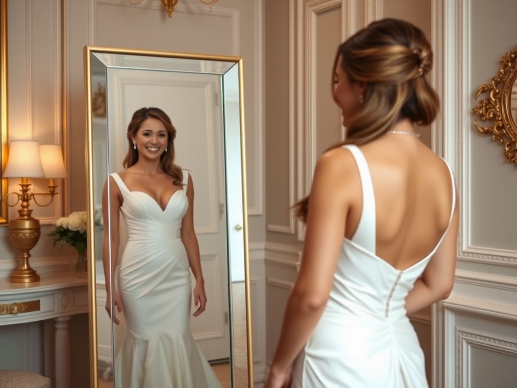 Een vrouw in een witte trouwjurk kijkt blij naar zichzelf in een grote spiegel in een elegante kamer.