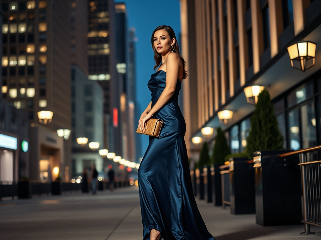 Een vrouw in een elegante blauwe jurk poseert in de stad bij avondlicht met een tas in de hand.