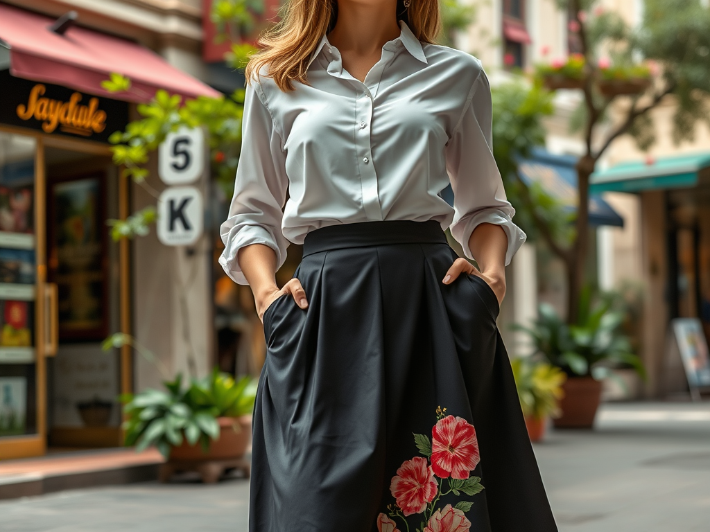 Een vrouw in een wit overhemd en een zwarte rok met bloemen staat op straat tussen winkels en bomen.