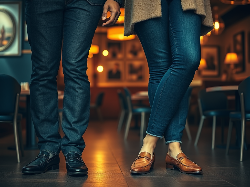 Twee mensen staan naast elkaar in een café, elke persoon draagt verschillende soorten schoenen.