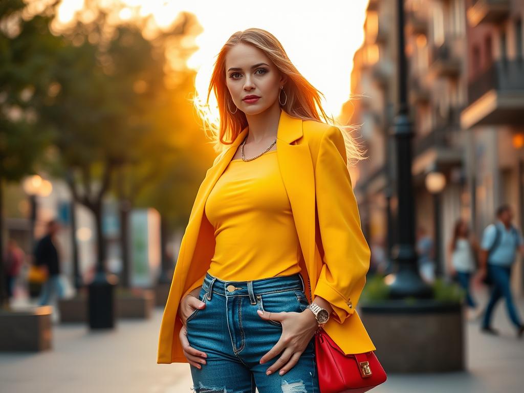 Een vrouw in een gele blazer en top poseert zelfverzekerd met een rode tas, omgeven door stadsleven en zonlicht.