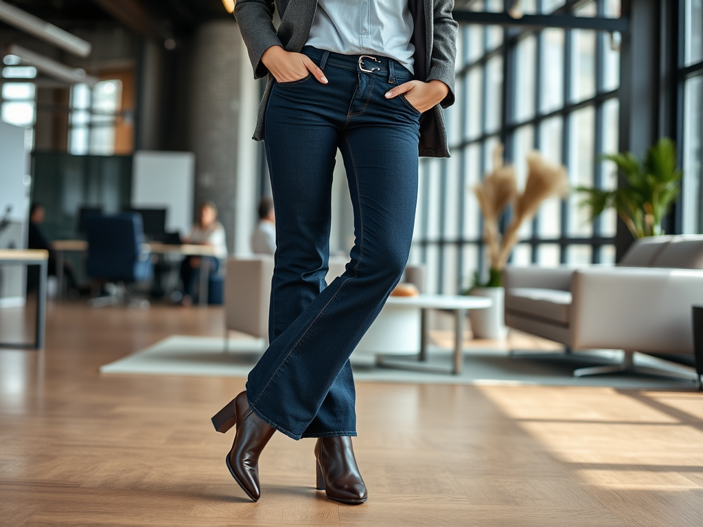 Een vrouw in een zakelijke outfit staat met haar handen in de zakken in een moderne kantoorruimte.