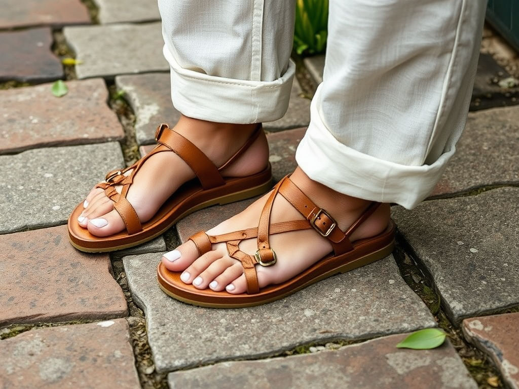 Een paar bruine sandalen op een steenachtige ondergrond, met een paar benen in lichte broek.