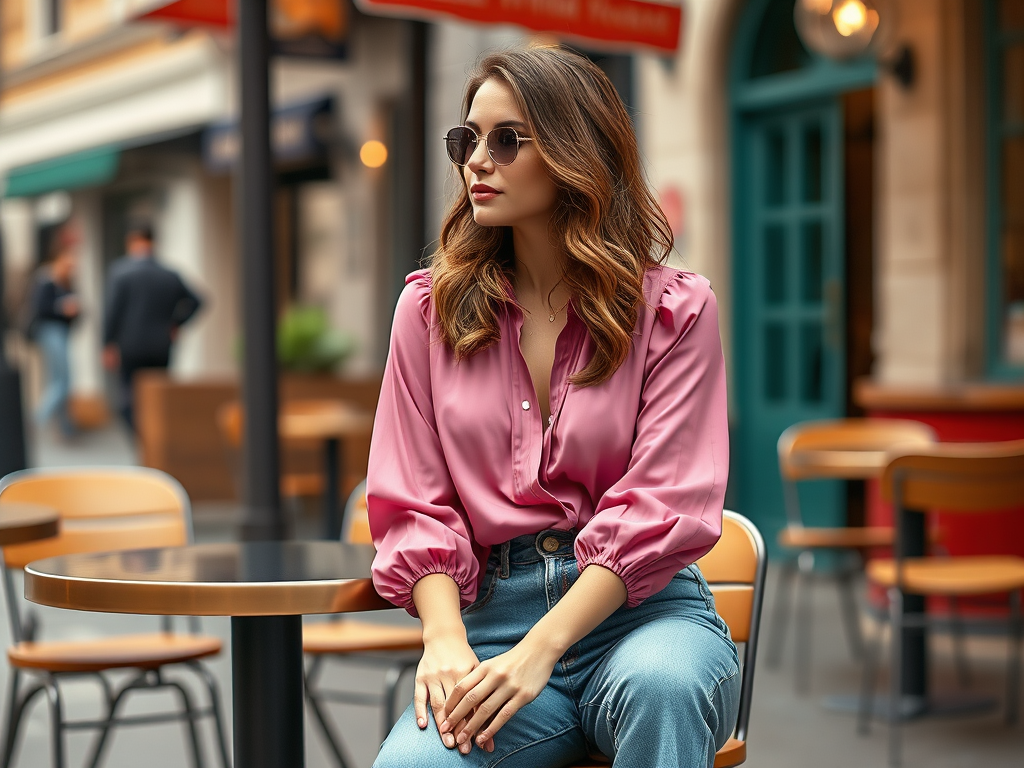 Een vrouw in een roze blouse en zonnebril zit aan een tafel op een gezellige straat.