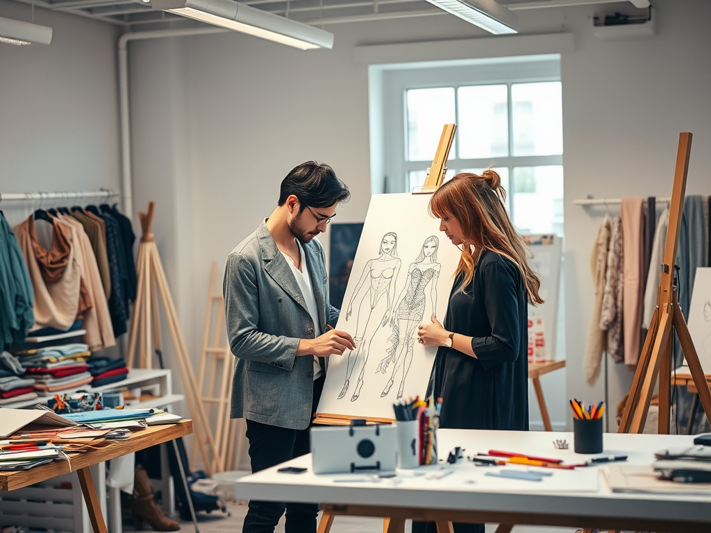 Twee modeontwerpers bespreken tekeningen van kleding in een studio vol stoffen en ontwerpmateriaal.