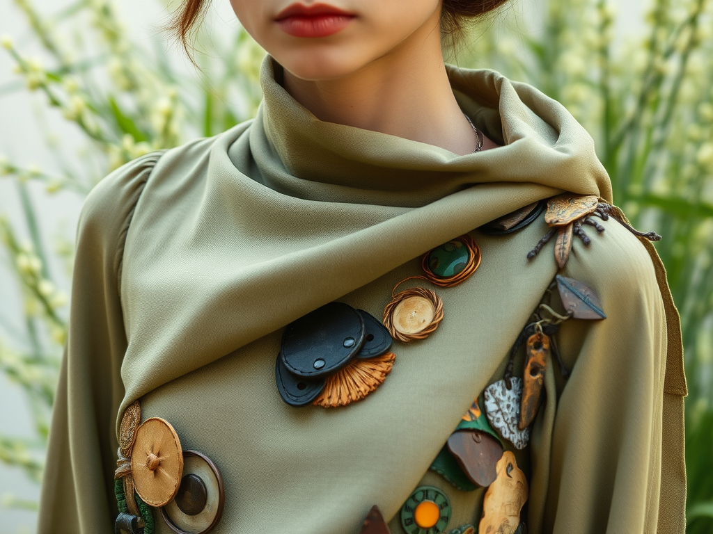 Een close-up van een vrouw in een olijfgroene outfit met unieke, handgemaakte accessoires en knopen.