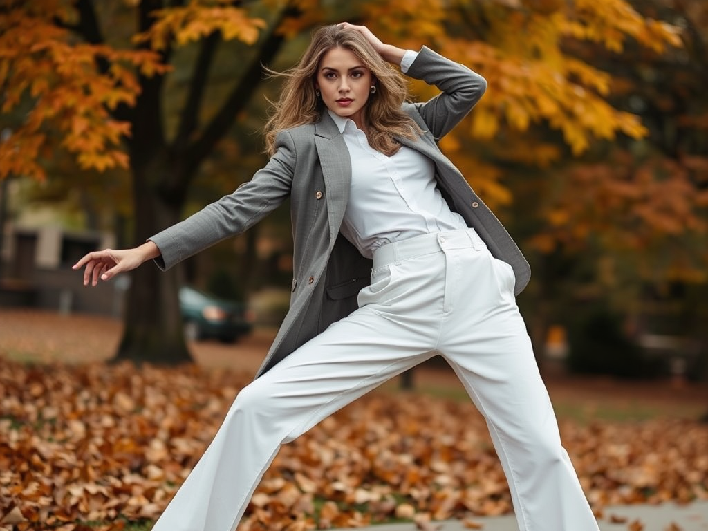 Een jonge vrouw in een grijze blazer en witte broek poseert op een herfstachtige locatie vol bladeren.