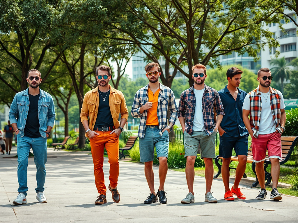 Zes mannen met verschillende trendy outfits wandelen in een park omringd door bomen en groen.