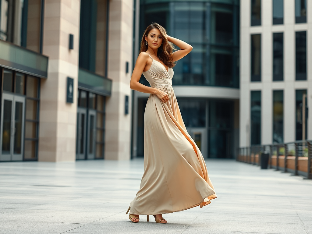 Een vrouw in een elegante, beige jurk poseert buiten tussen moderne gebouwen.