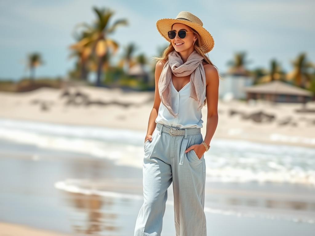 Een vrouw in een witte top en lichtgrijze broek staat ontspannen op het strand met palmbomen op de achtergrond.