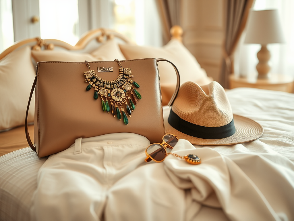 Een handtas met een opvallende ketting, een hoed, zonnebril en een witte blouse op een bed.