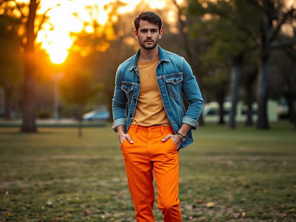 Een man in een denimjack en oranje broek staat in een park met een zonsondergang op de achtergrond.