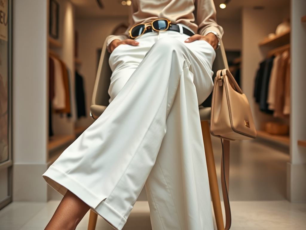 Een vrouw zit op een stoel in een winkel, gekleed in een beige blouse en witte broek met een handtas.