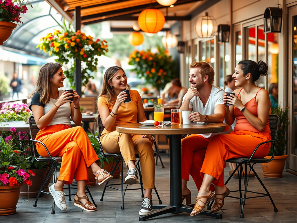 Vier vrienden genieten van drankjes aan een tafel, omringd door bloemen en sfeervolle verlichting.