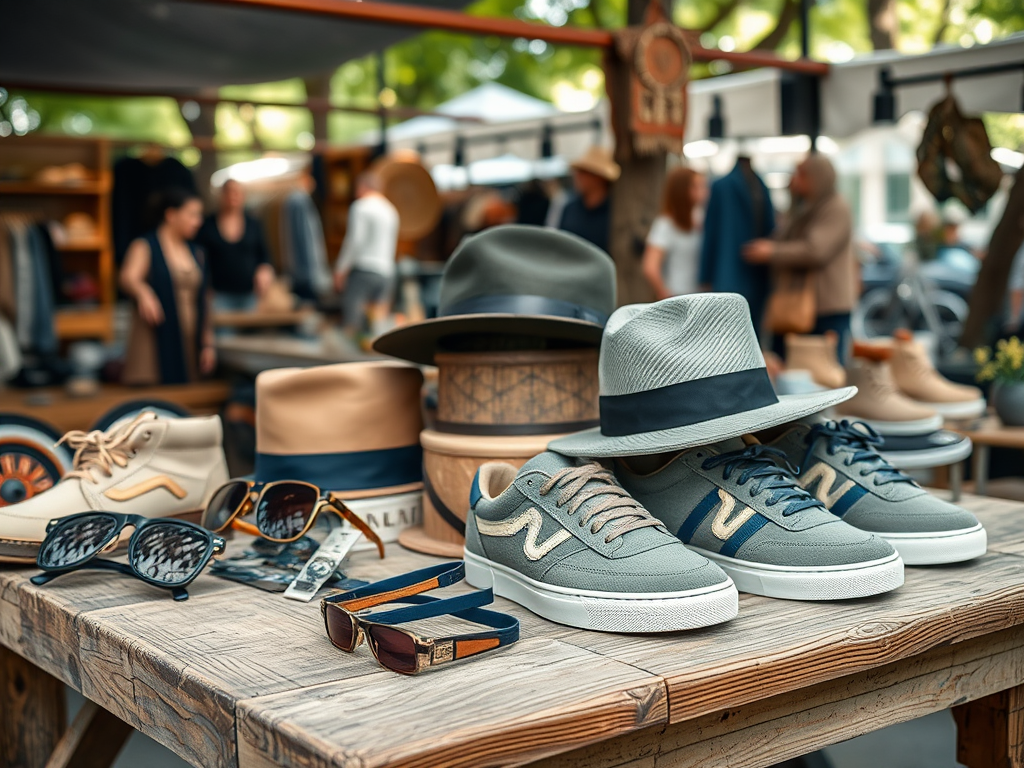 Een winkelstand met sneakers, hoeden en zonnebrillen, allemaal in een levendige buitenomgeving.