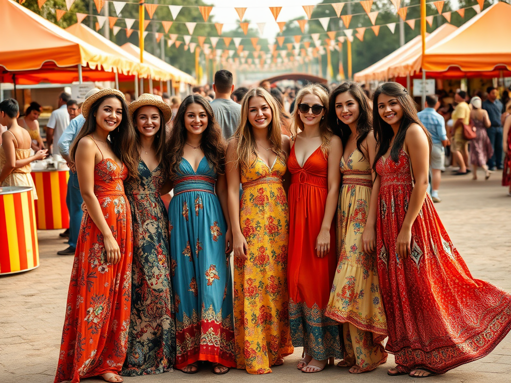 Zeven vrouwen in kleurrijke jurken poseren vrolijk op een festival met oranje marktkramen en vlaggetjes.