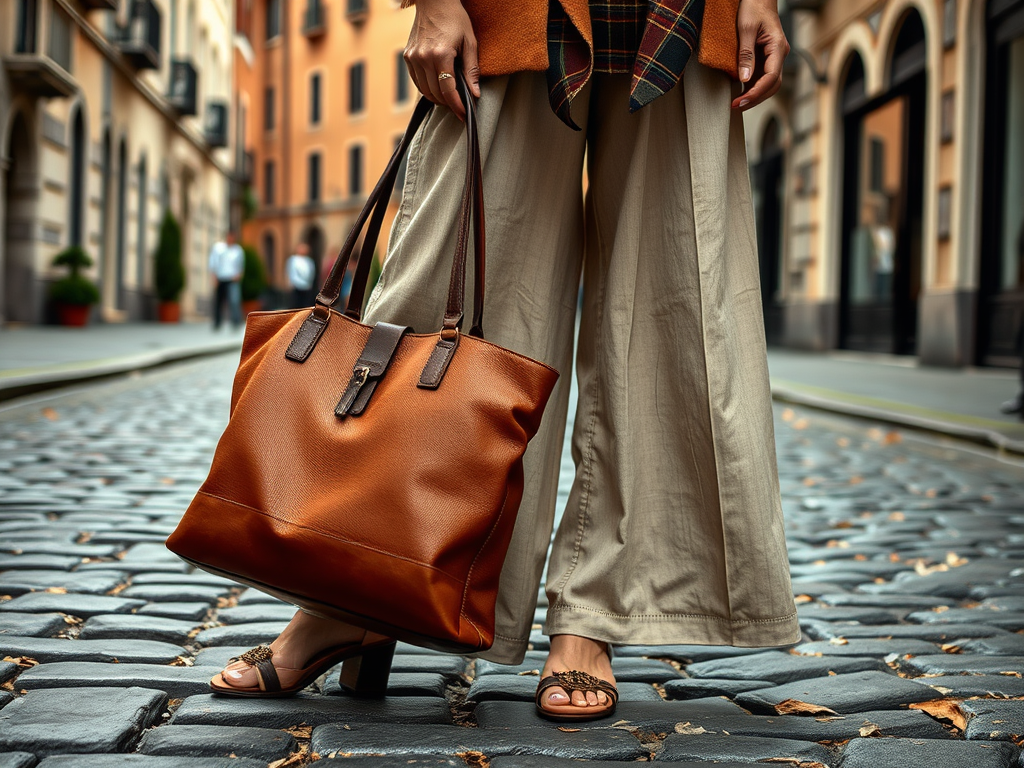 Een vrouw met een grote leren tas staat op een straat met kinderkopjes, gekleed in brede broeken en sandalen.