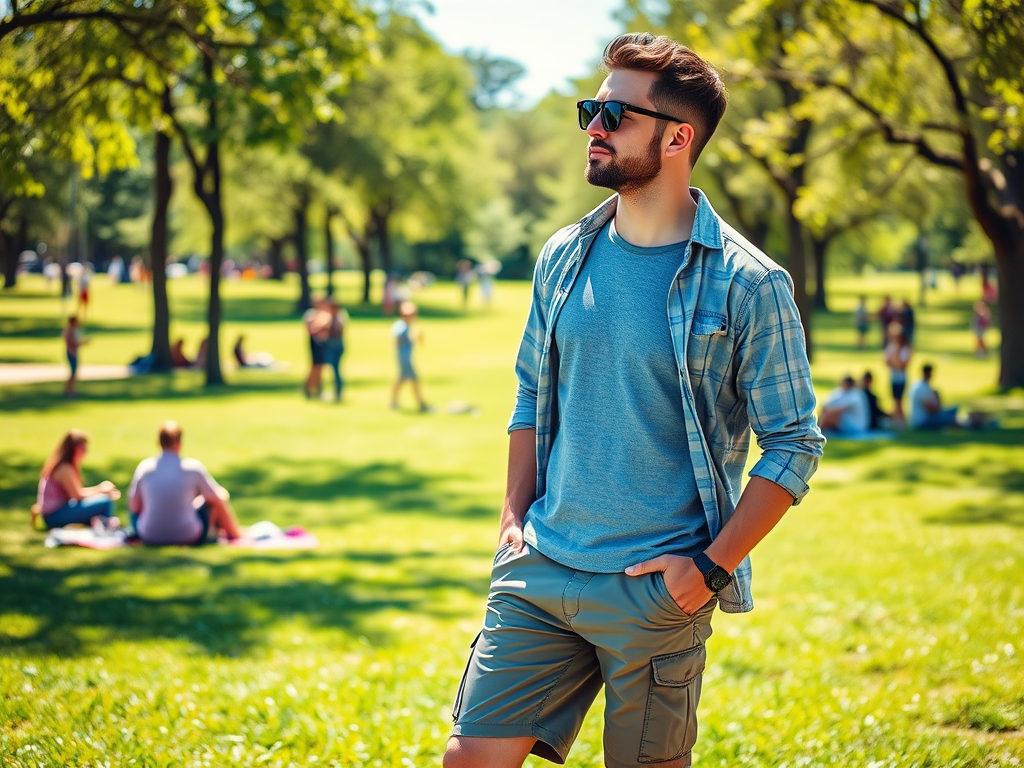 Een jongeman in een park, gekleed in een T-shirt en shorts, kijkt ontspannen met een zonnebril op.