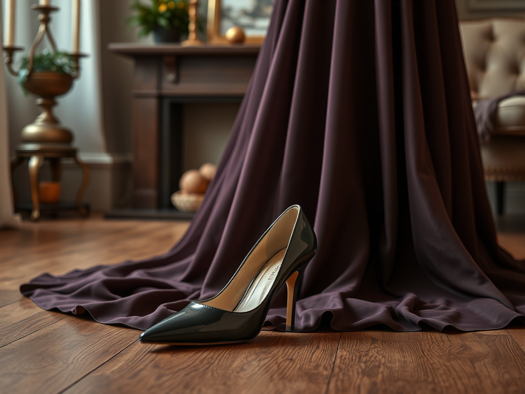 Een elegante zwart-glanzende hoge hak staat naast een paarse jurk in een sfeervolle kamer.