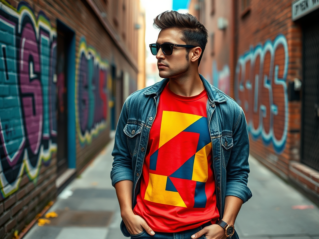 Een jonge man in een felgekleurde T-shirt en spijkerjas poseert in een steeg met graffiti op de muren.