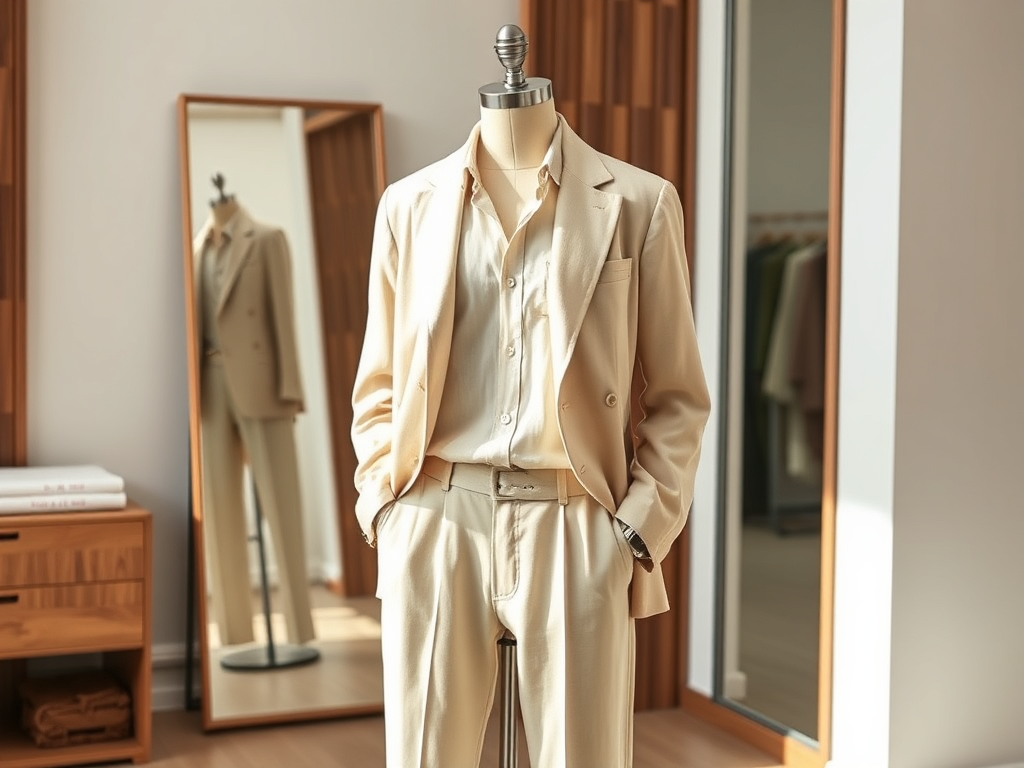 Een elegant beige herenpak hangt op een paspop, met een spiegel en kleding op de achtergrond.