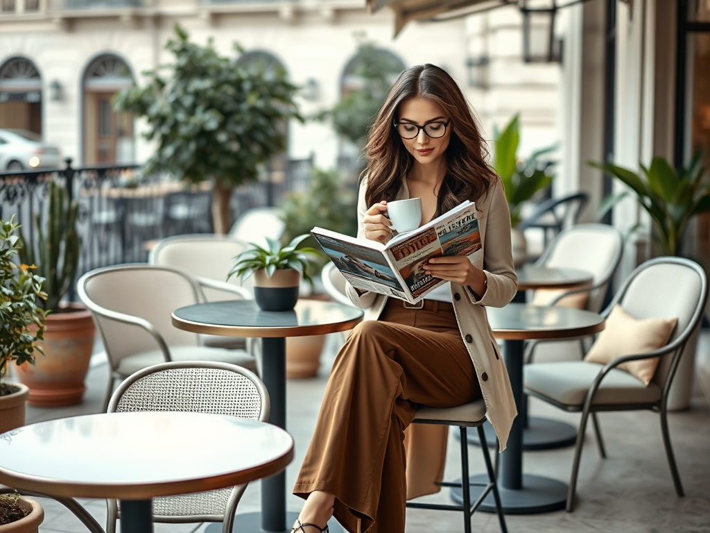 Een vrouw met een boek en een kopje koffie zit in een café, omringd door planten en tafels.