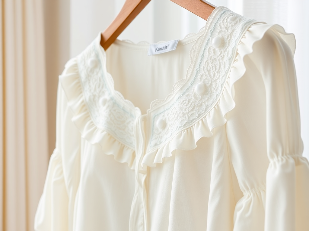 Een lichte blouse met een kanten kraag en ruffles, hangend aan een houten hanger, tegen een lichte achtergrond.
