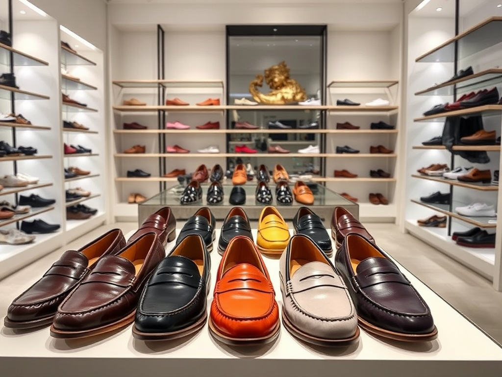 Een schoenenwinkel met verschillende stijlen en kleuren van nette schoenen op een tafel en planken erachter.
