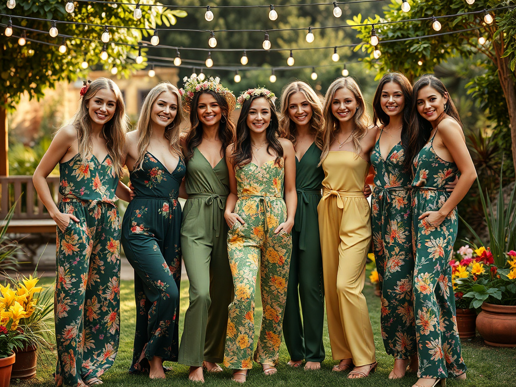 Een groep van acht vrouwen in kleurrijke outfits poseert in een tuin met feestverlichting en bloemen.