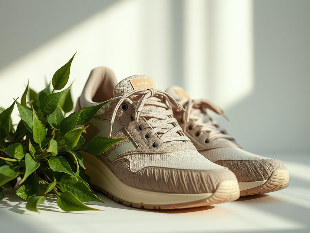 Lichtbeige sneakers met een groene plant ernaast, geplaatst in een helder verlichte omgeving.