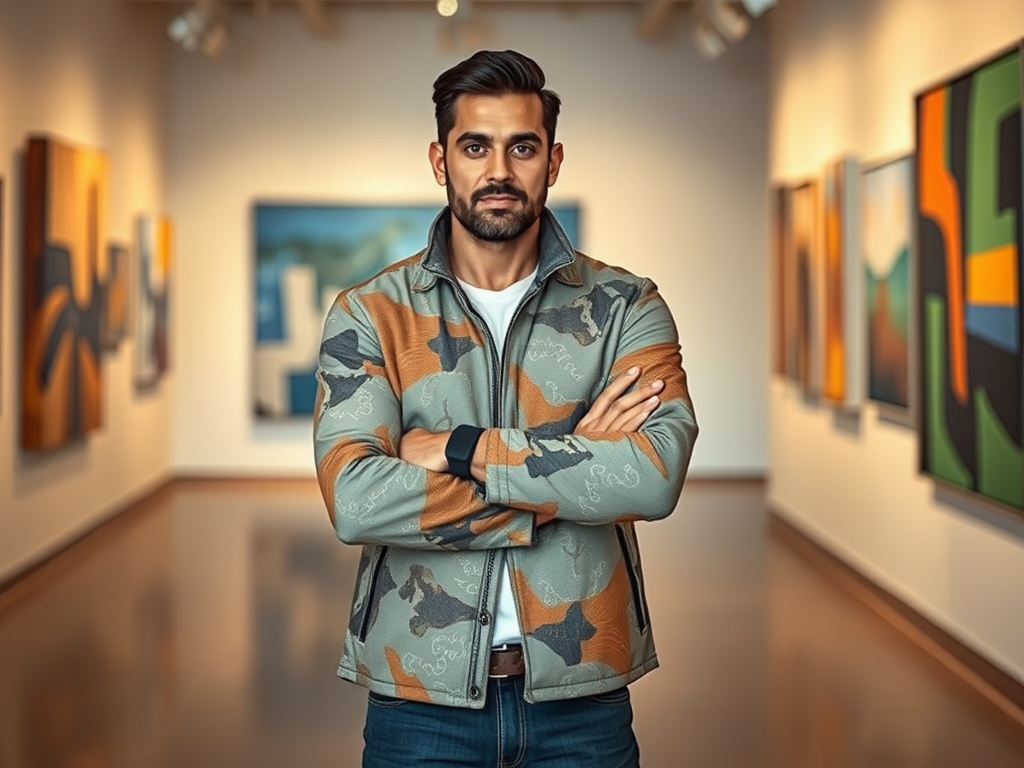 Een man met een baard en een camoue jack staat met gekruiste armen in een kunstgalerie. Achtergrond met schilderijen.