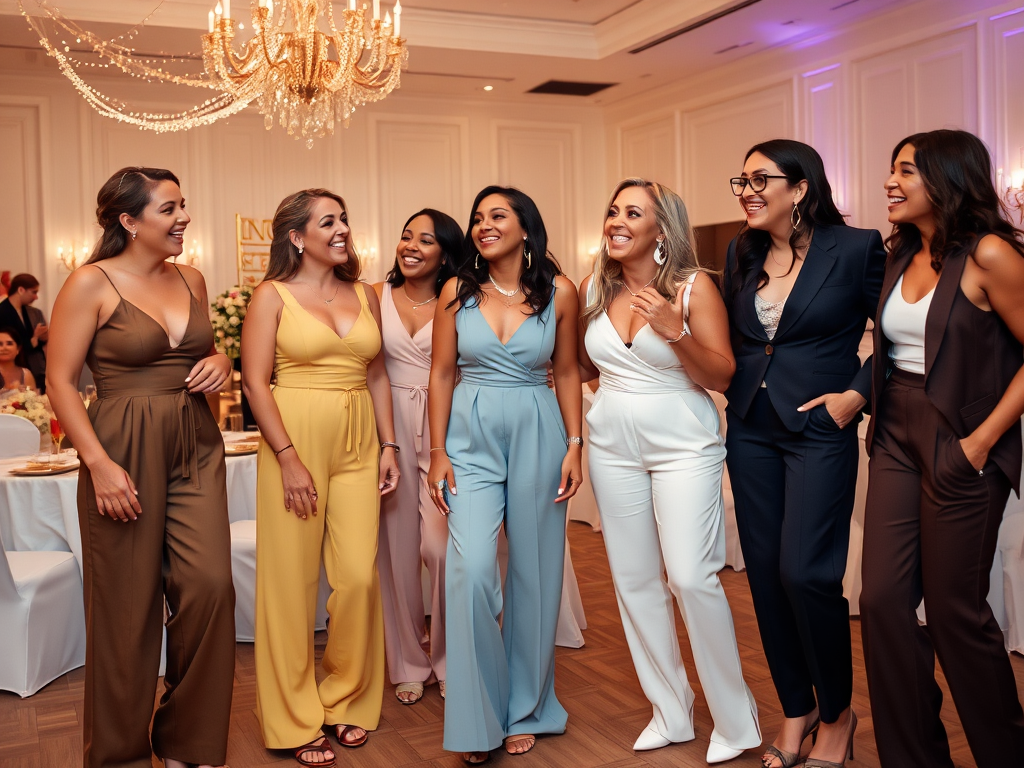 Een groep van acht vrouwen in kleurrijke outfits, lachend en met elkaar pratend op een feest.