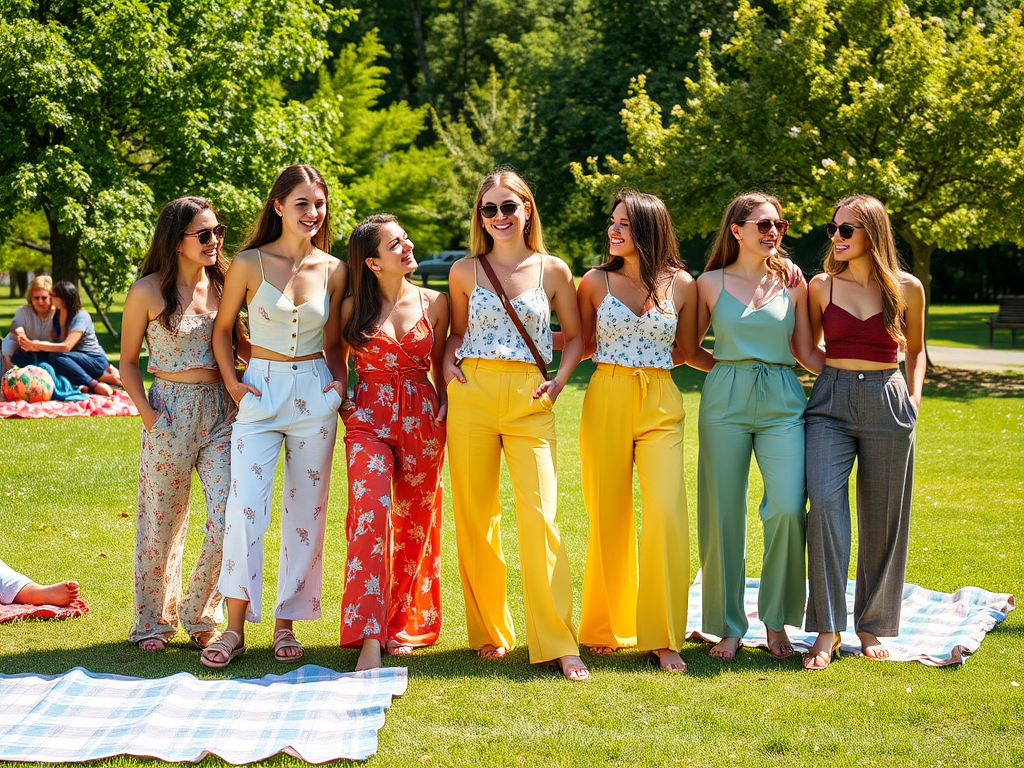 Groep van zeven vrouwen in kleurrijke kleding, lachend en samen staand in een zonnig park.